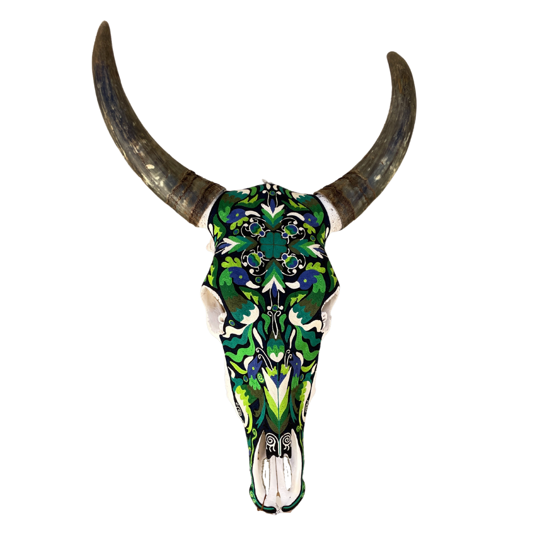 Threaded Huichol Skull Green & Blue