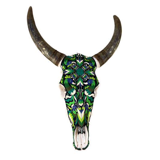 Threaded Huichol Skull Green & Blue