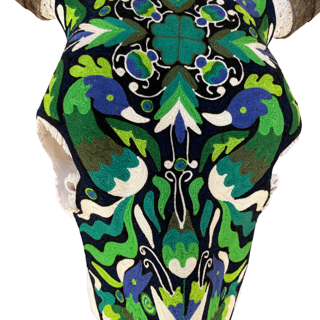 Threaded Huichol Skull Green & Blue