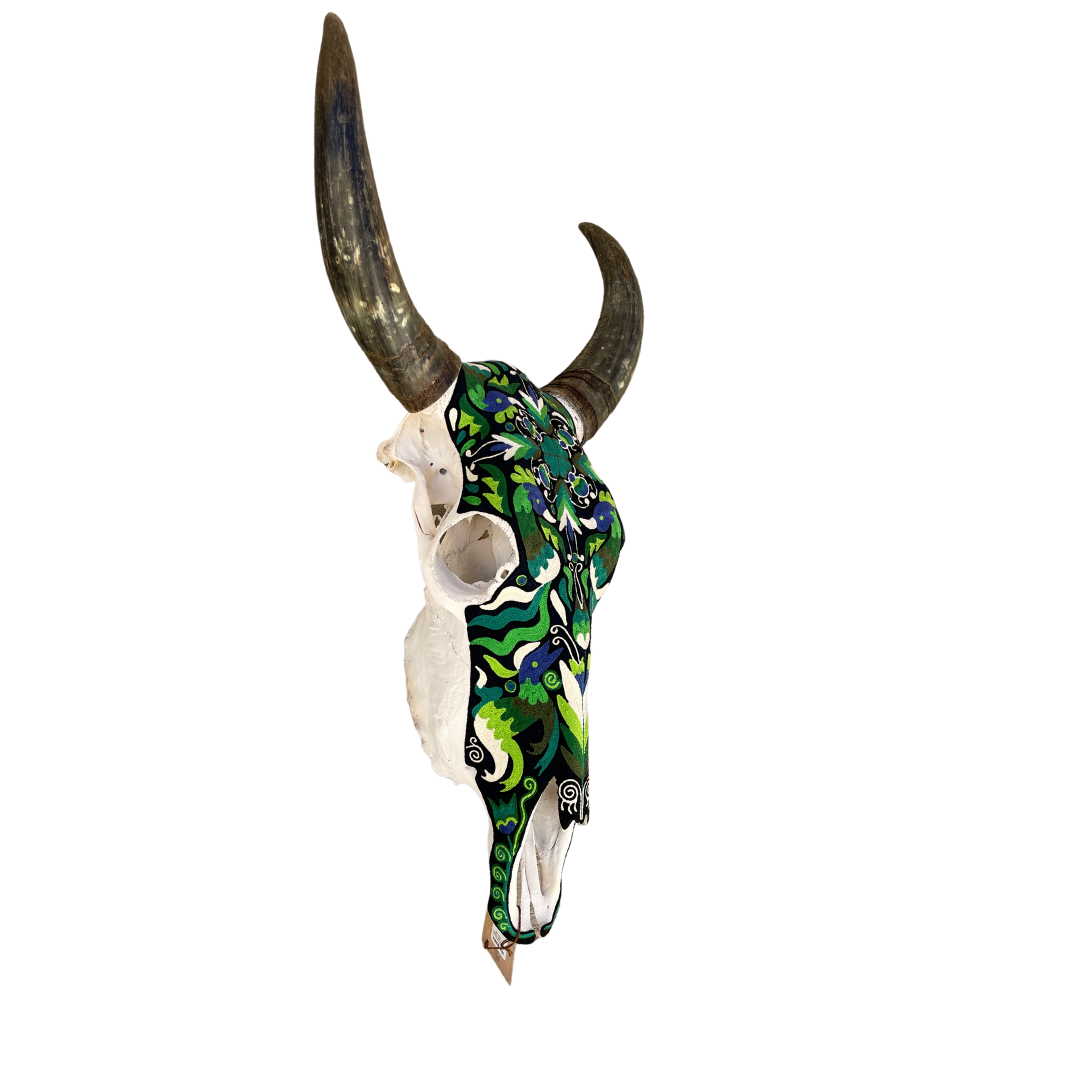 Threaded Huichol Skull Green & Blue