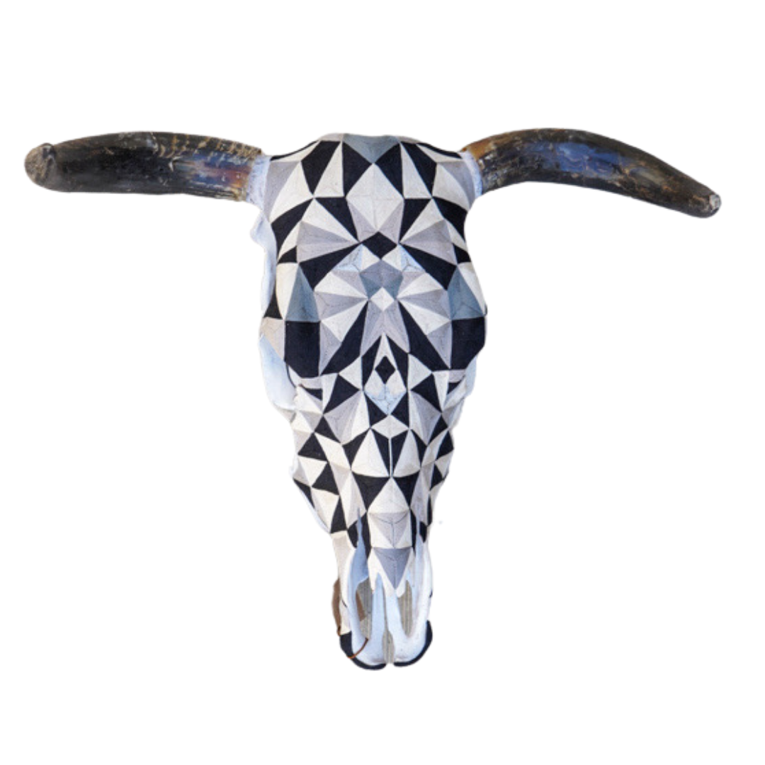 Threaded Huichol Skull - Geometric Black and White