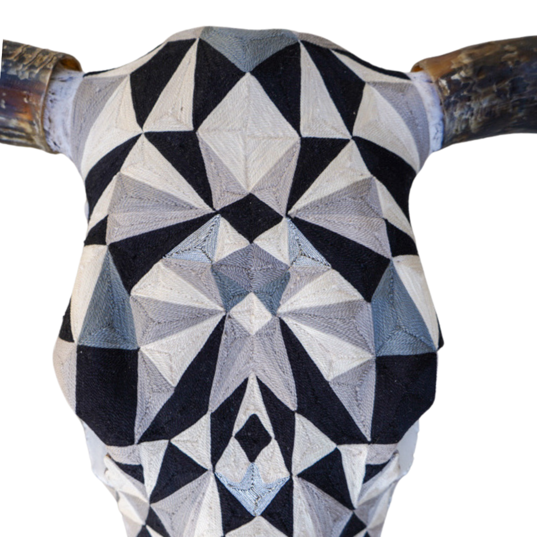 Threaded Huichol Skull - Geometric Black and White
