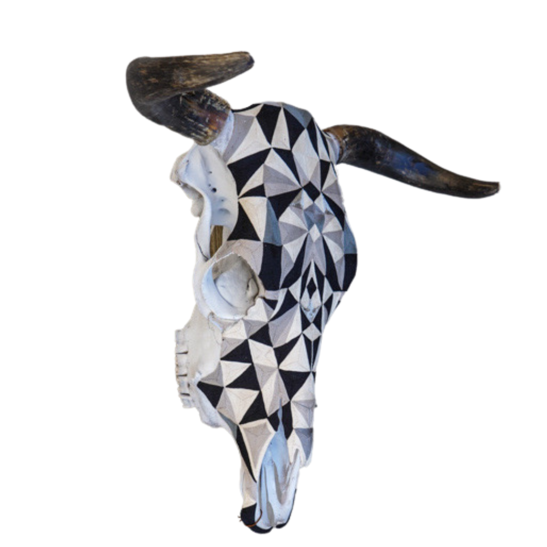 Threaded Huichol Skull - Geometric Black and White