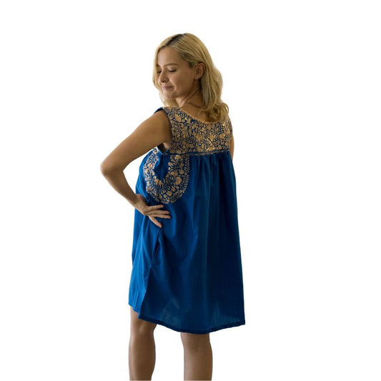 San Antonino Royal Blue Dress Gold Embroidery