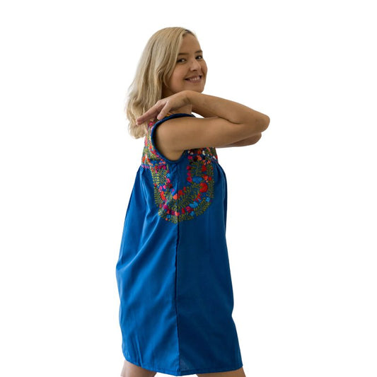 San Antonino Royal Blue Dress Multi Embroidery