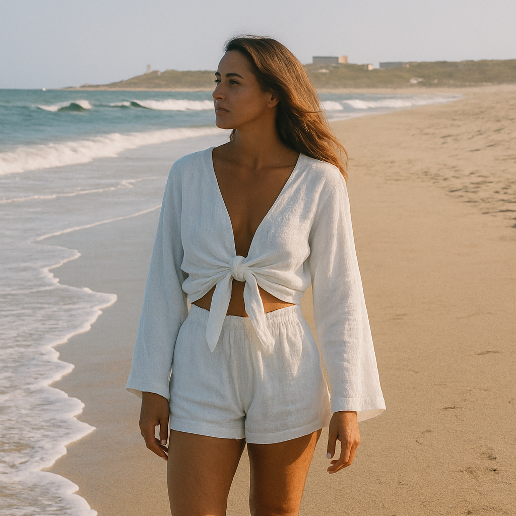 Woman in a white outfit walking on a beach with ocean waves in the background