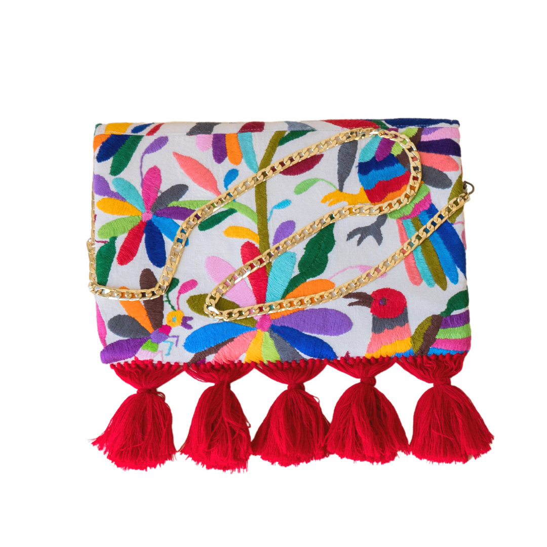Multi Color Otomi Clutch With Red Tassels