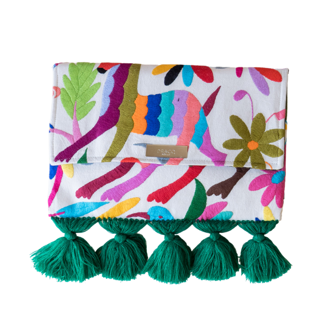 Multi Color Otomi Clutch With Green Tassels