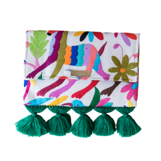 Multi Color Otomi Clutch With Green Tassels