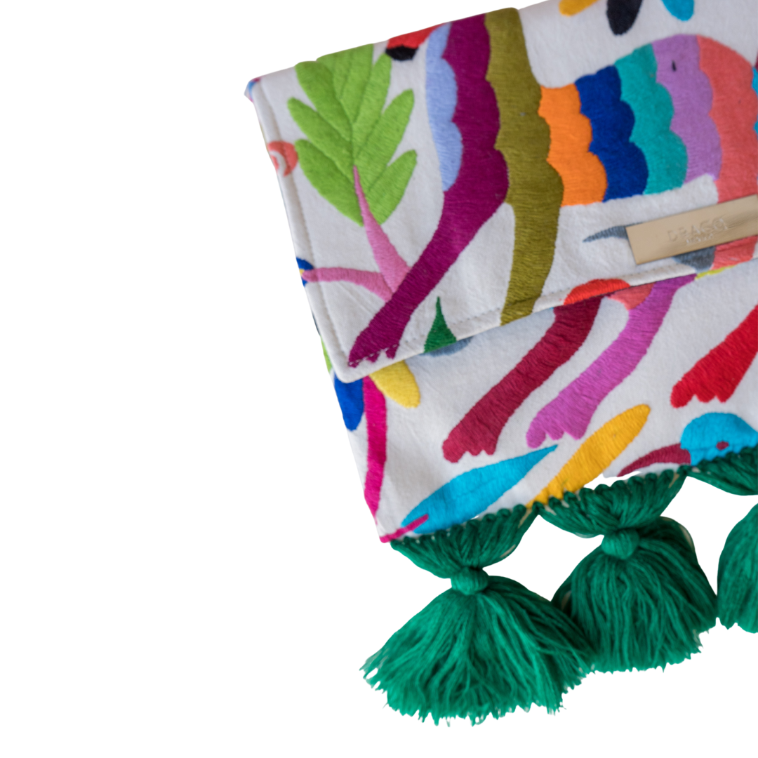Multi Color Otomi Clutch With Green Tassels