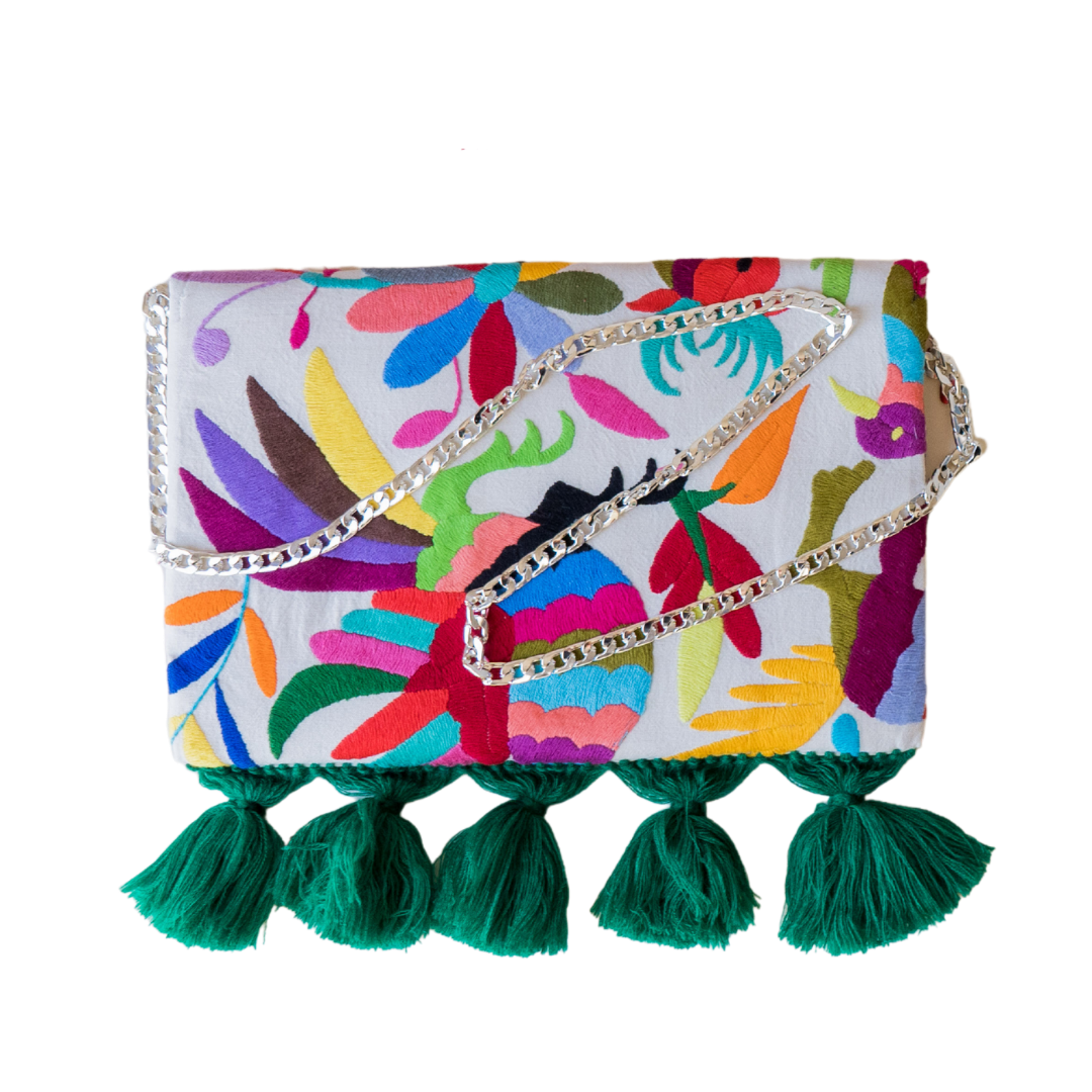 Multi Color Otomi Clutch With Green Tassels