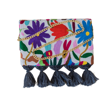 Multi Color Otomi Clutch With Grey Tassels
