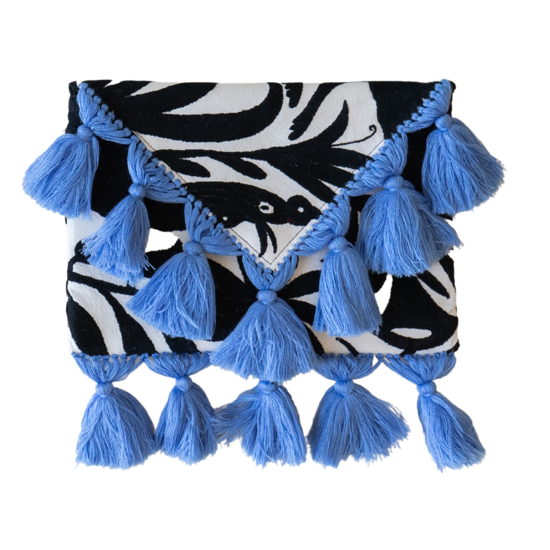 Black Otomi Clutch With Blue Tassels