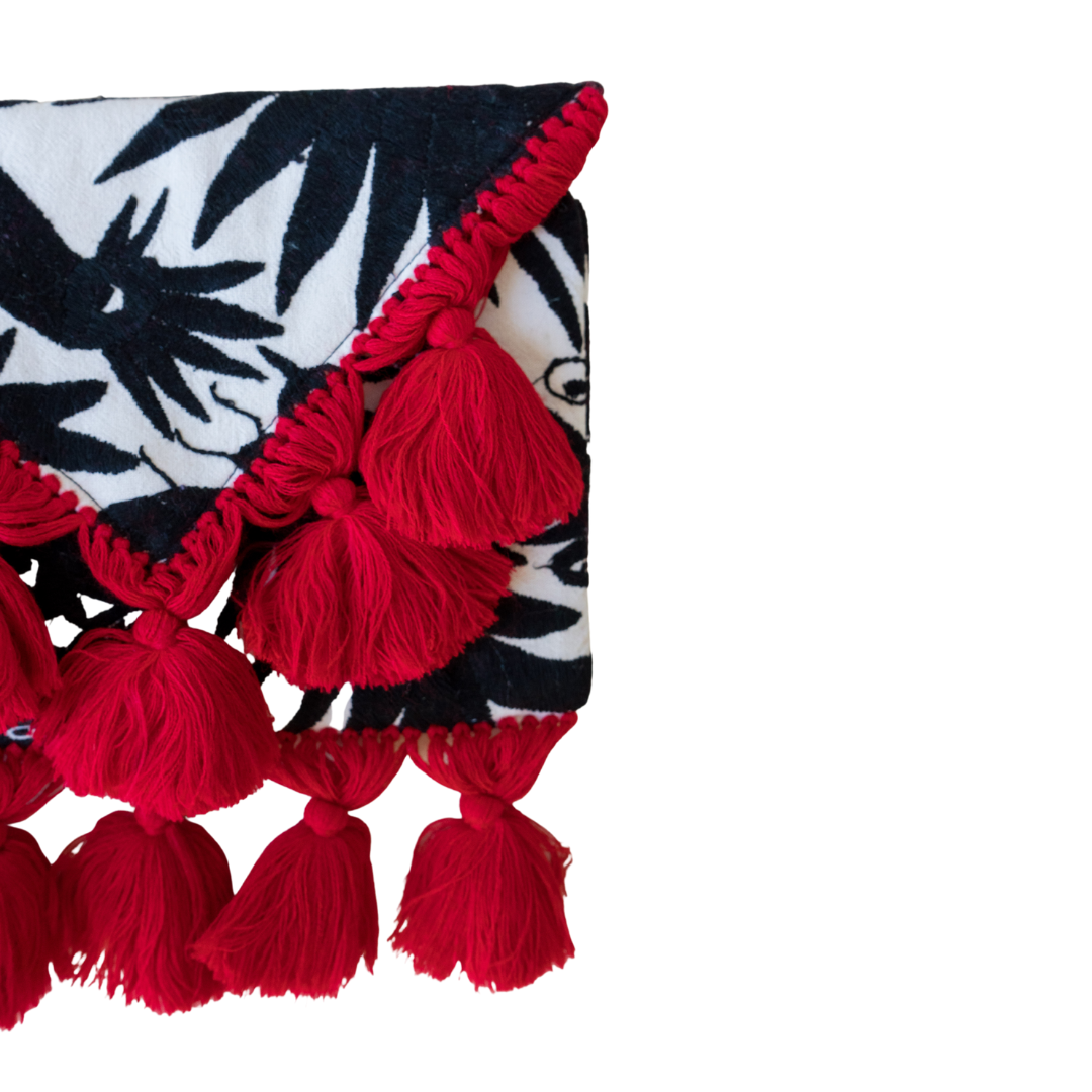 Black Otomi Clutch With Red Tassels