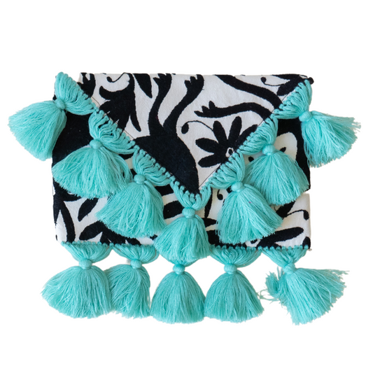 Black Otomi Clutch With Mint Tassels