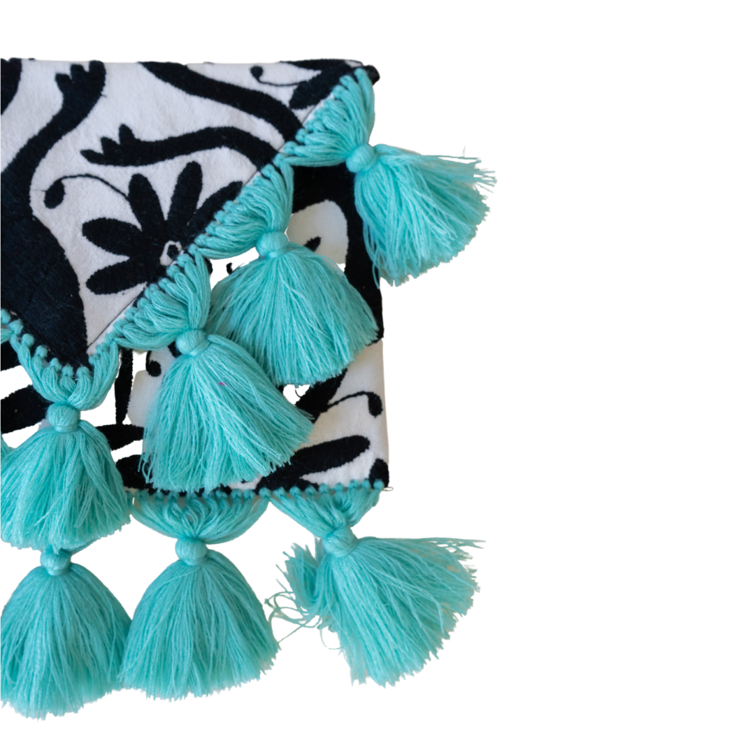 Black Otomi Clutch With Mint Tassels