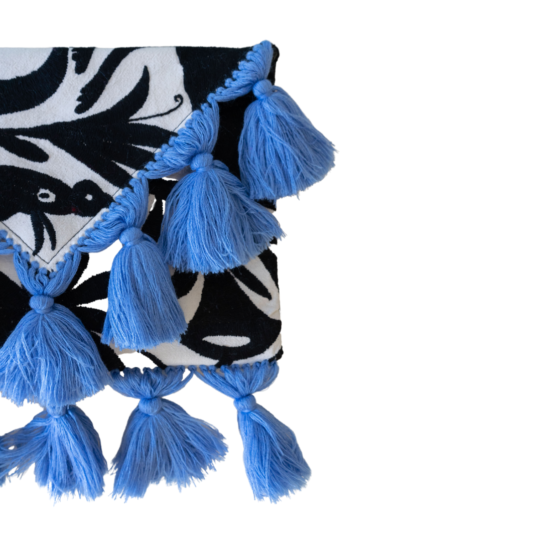 Black Otomi Clutch With Blue Tassels