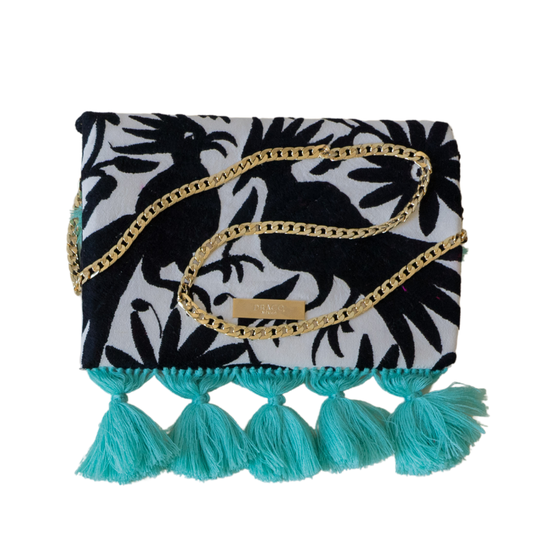 Black Otomi Clutch With Mint Tassels