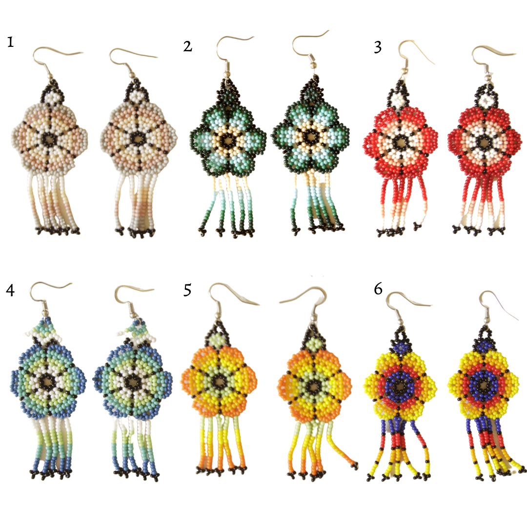 Huichol Beaded Earrings - Flower w. Fringes
