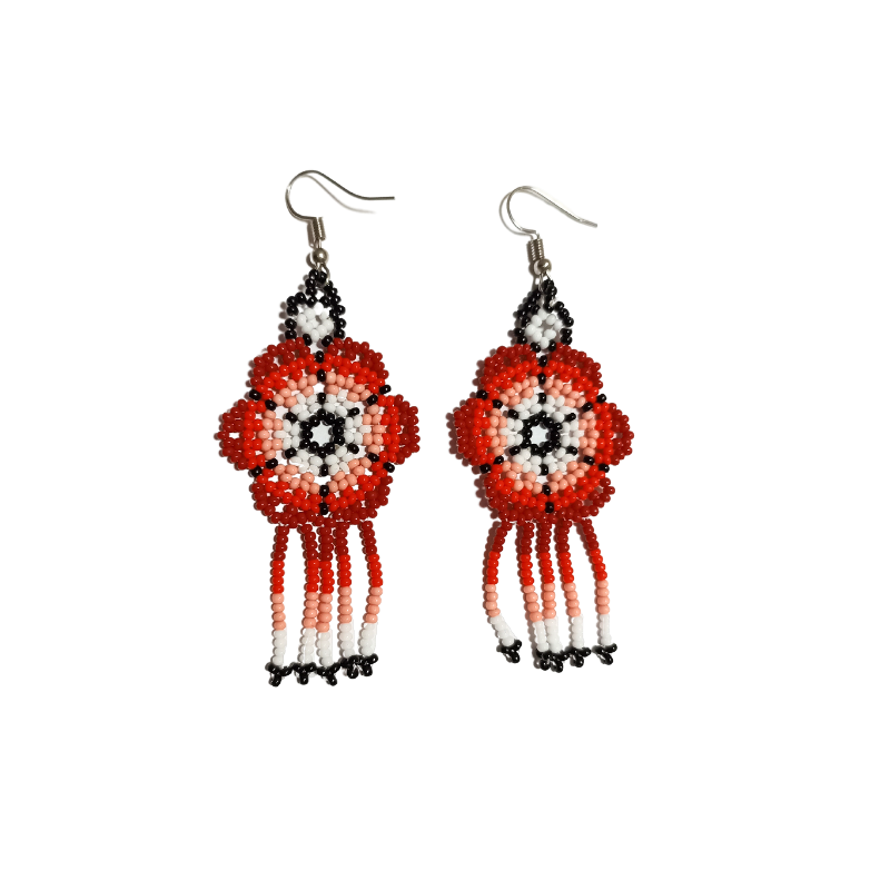 Huichol Beaded Earrings - Flower w. Fringes
