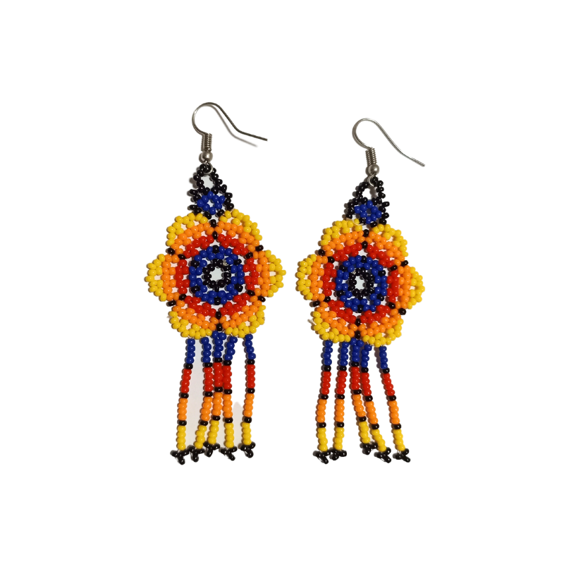 Huichol Beaded Earrings - Flower w. Fringes