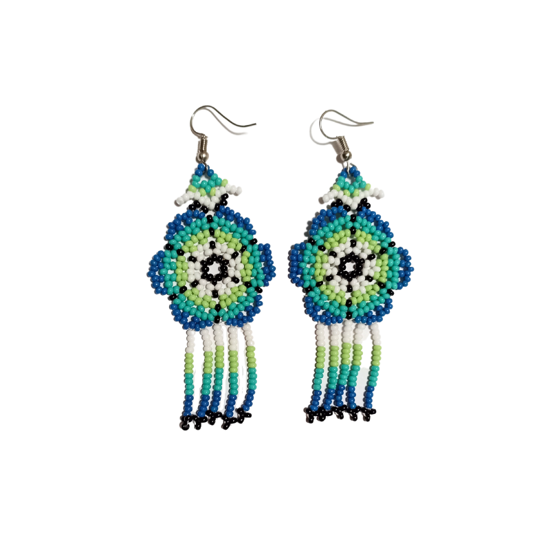 Huichol Beaded Earrings - Flower w. Fringes