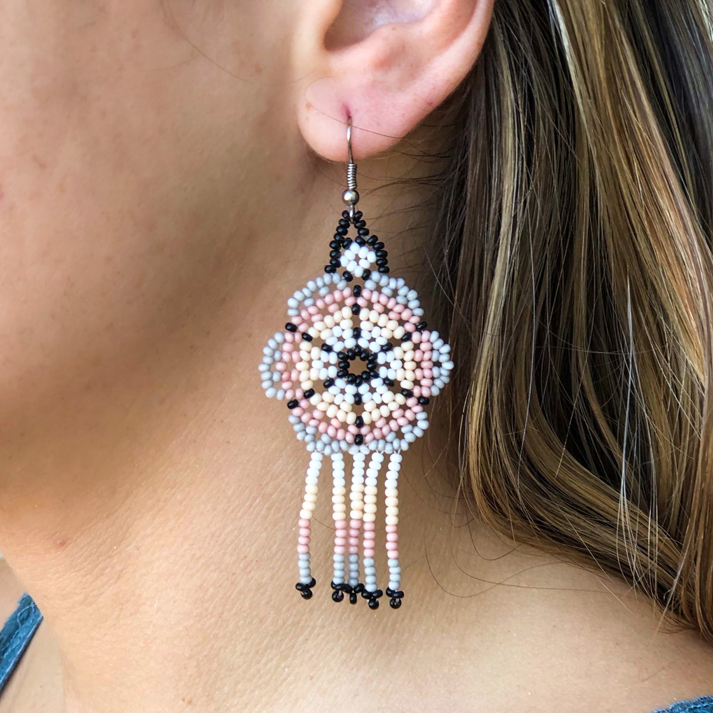 Huichol Beaded Earrings - Flower w. Fringes