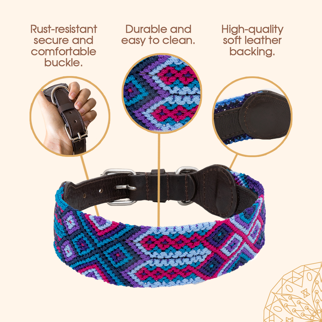 Embroidered Dog Collar - Genuine Leather | Dark Magenta