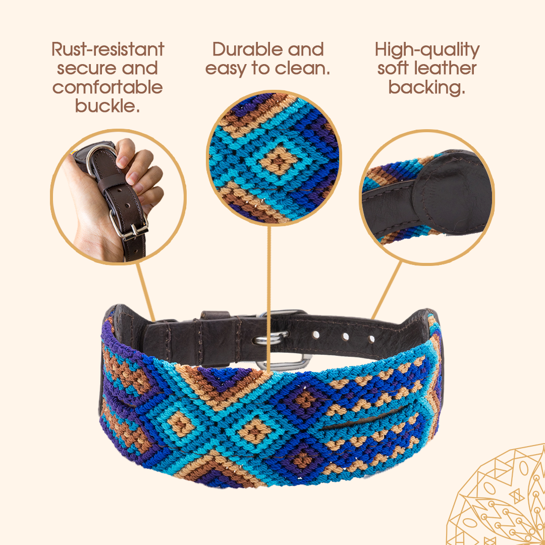 Embroidered Dog Collar - Genuine Leather | Deep Blue