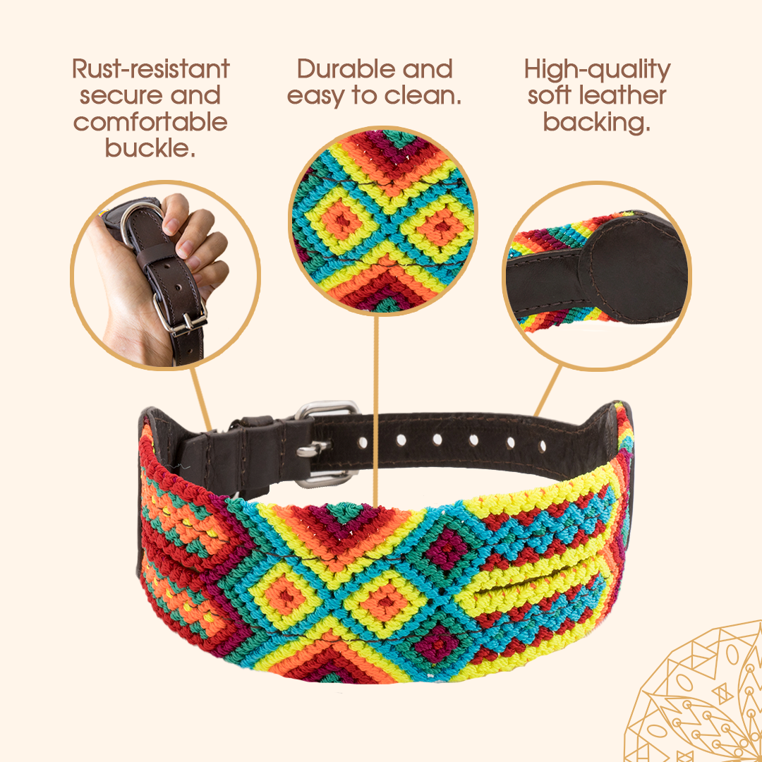 Embroidered Dog Collar - Genuine Leather | Sunset Red