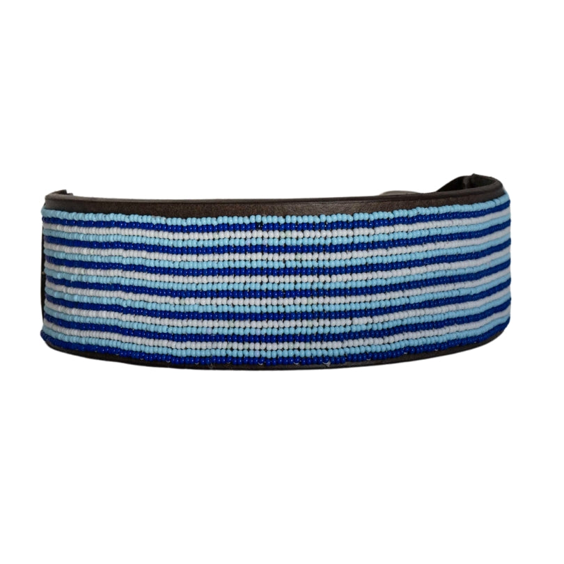 Blue Huichol beaded dog collar with leather backing