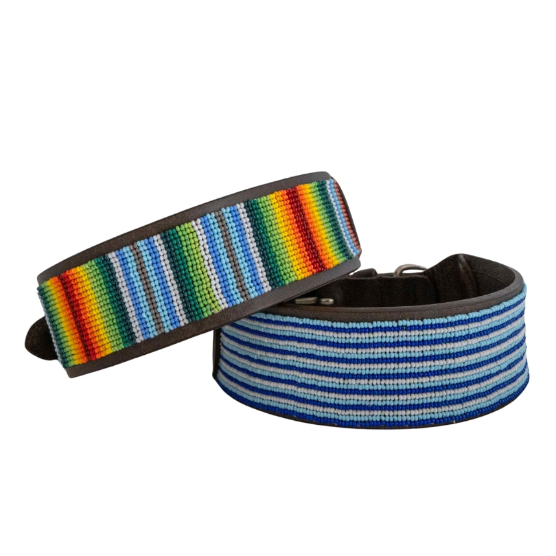 Blue  and Rainbow Huichol beaded dog collar with leather backing