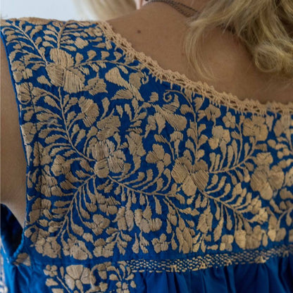 San Antonino Royal Blue Dress Gold Embroidery