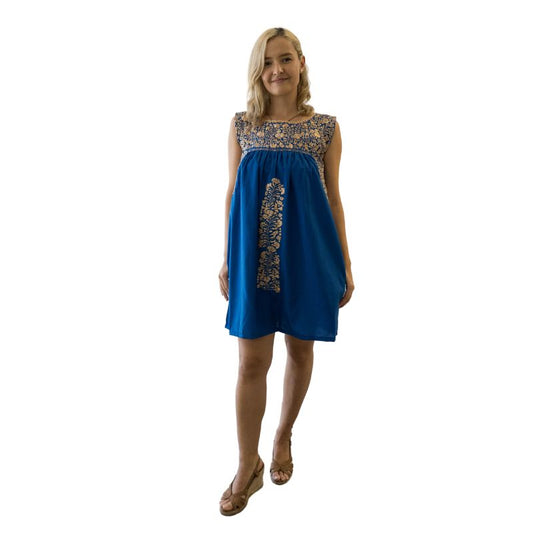 San Antonino Royal Blue Dress Gold Embroidery