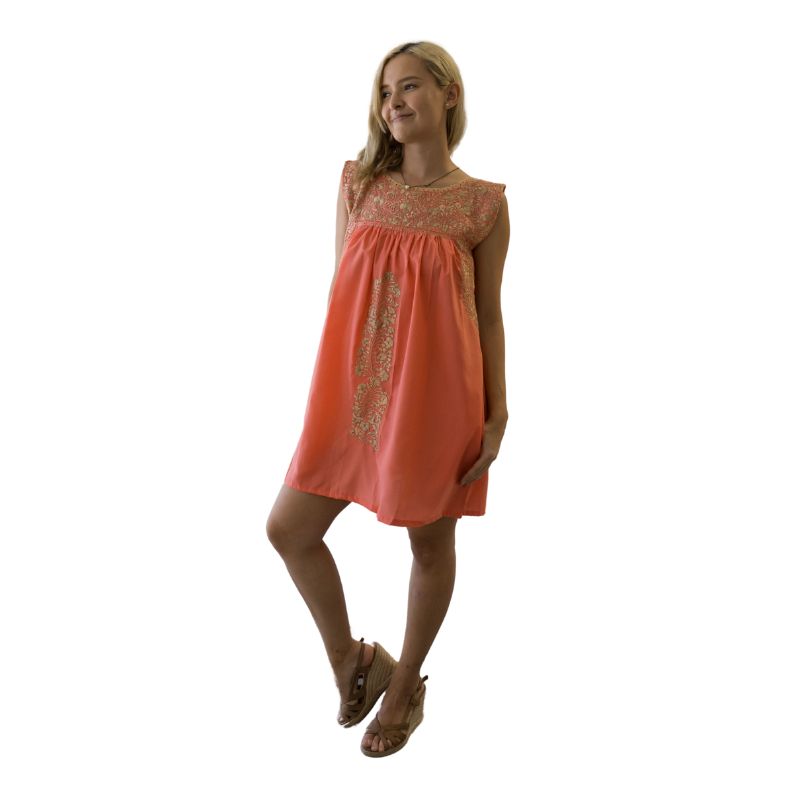 San Antonino Coral Dress Gold Embroidery