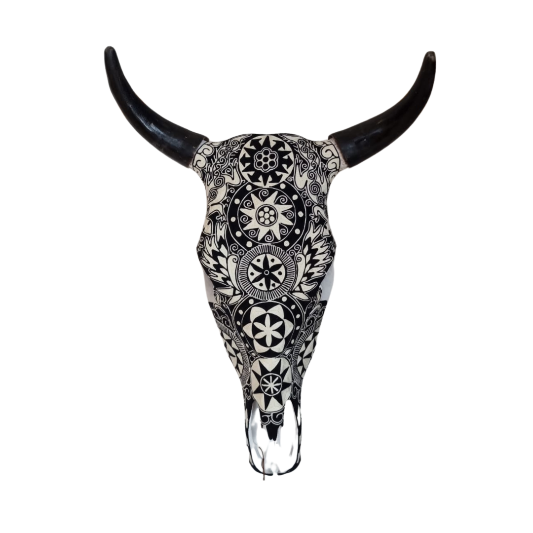 Threaded Huichol Skull - Symbols Black and White