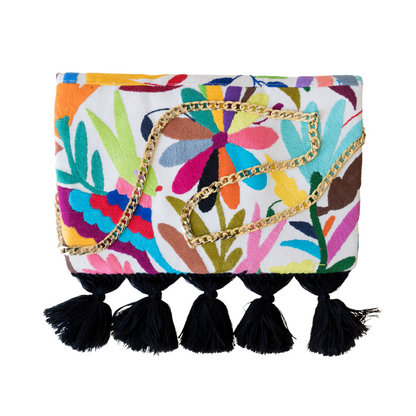 Multi Color Otomi Clutch With Black Tassels