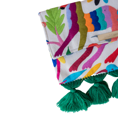 Multi Color Otomi Clutch With Green Tassels