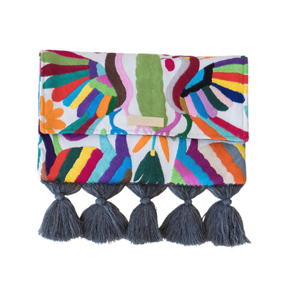 Multi Color Otomi Clutch With Grey Tassels