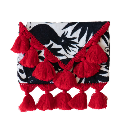Black Otomi Clutch With Red Tassels