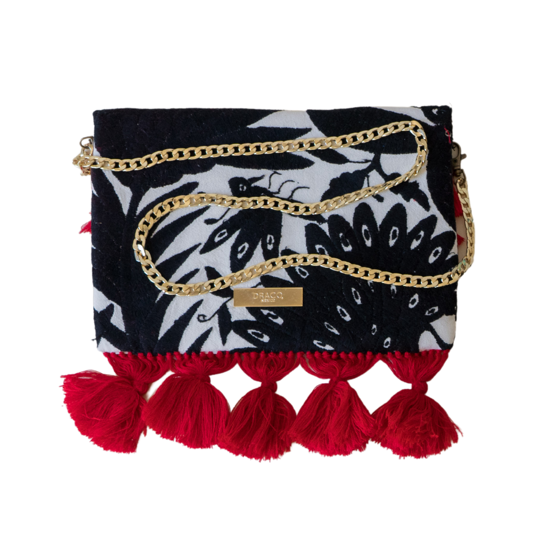 Black Otomi Clutch With Red Tassels