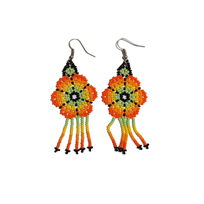 Huichol Beaded Earrings - Flower w. Fringes