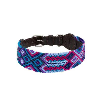Dark Magenta - Embroidered Dog Collar With Leather